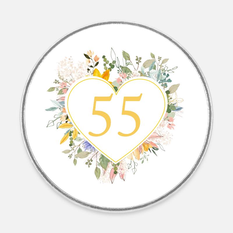 Numéro 55, Fleurs de cœur, personnalisable - Magnet rond - blanc