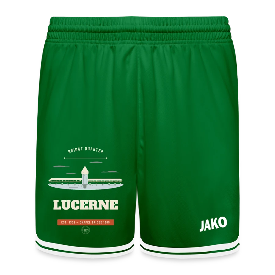 Lucerne badge on a jako kids basketball short center 2.0, green/white