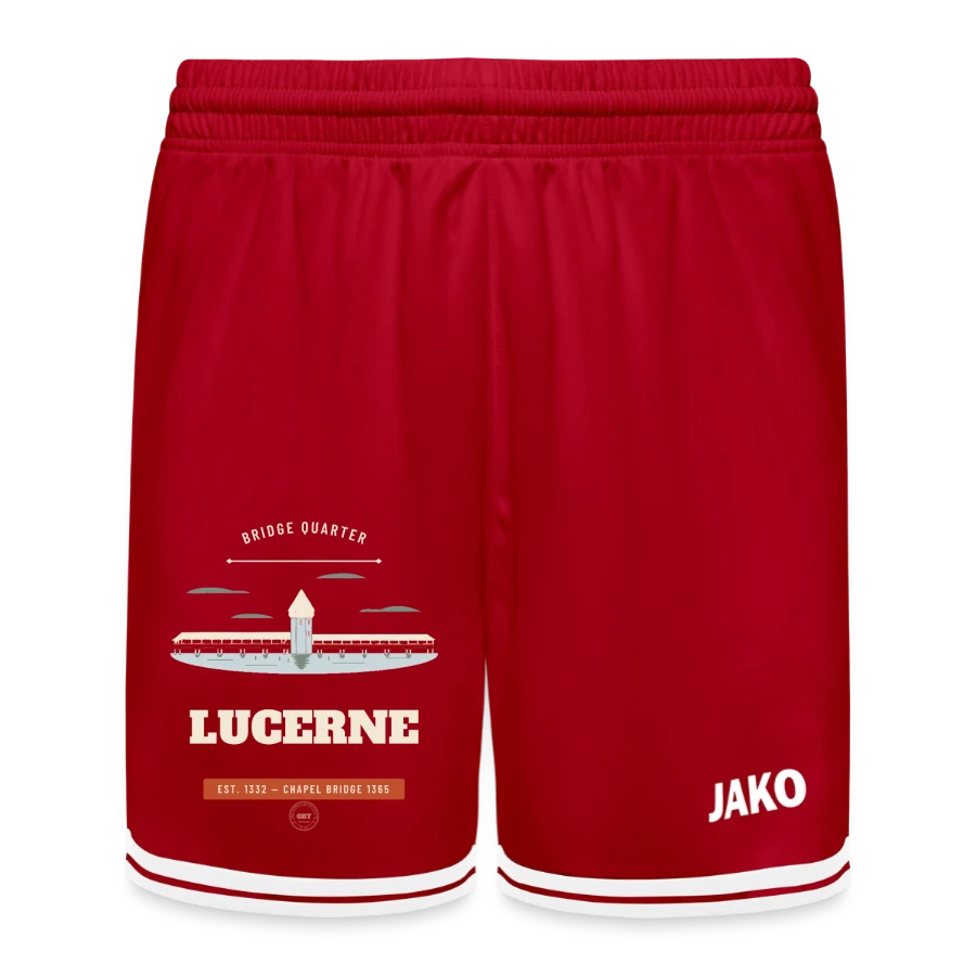 Lucerne badge on a jako kids basketball short center 2.0, red/white