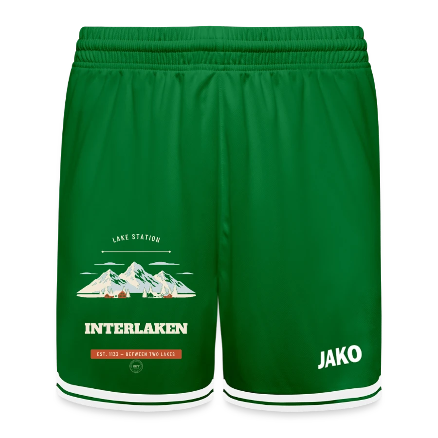 Interlaken badge on a jako kids basketball short center 2.0, green/white