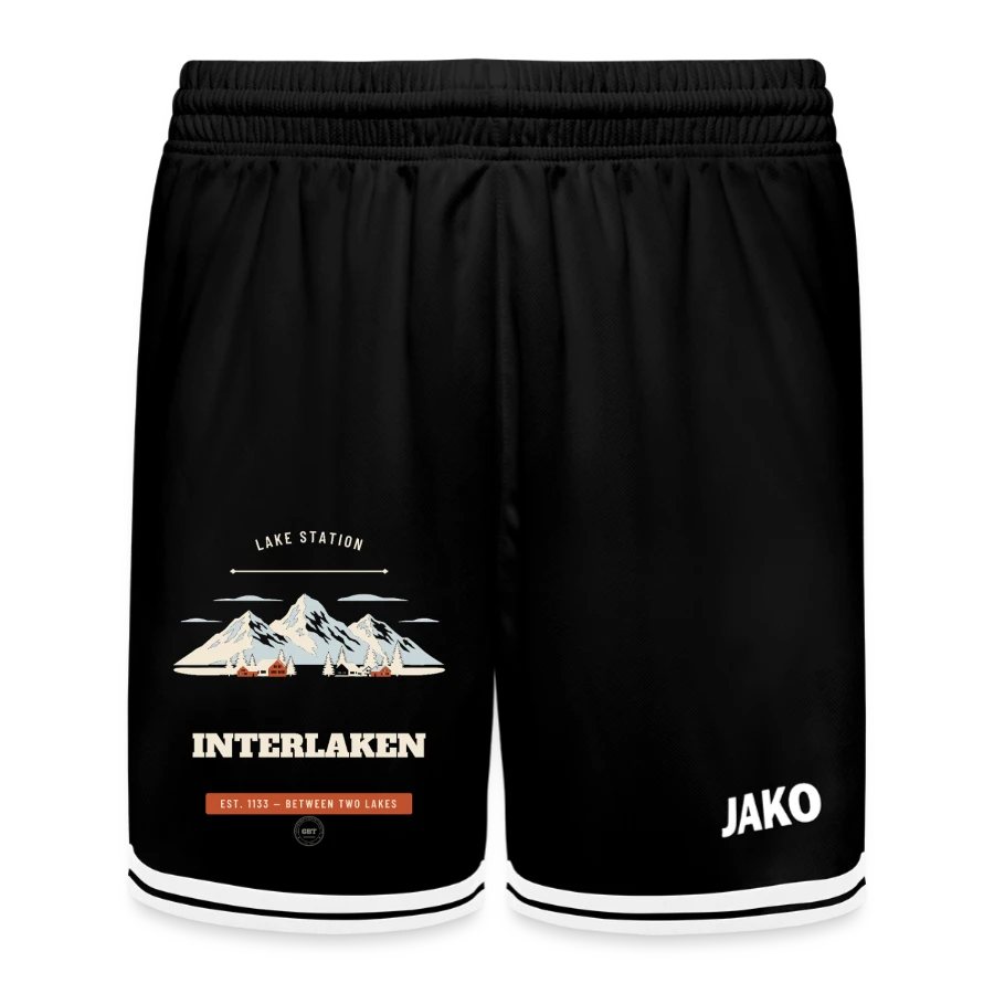 Interlaken badge on a jako kids basketball short center 2.0, black/white