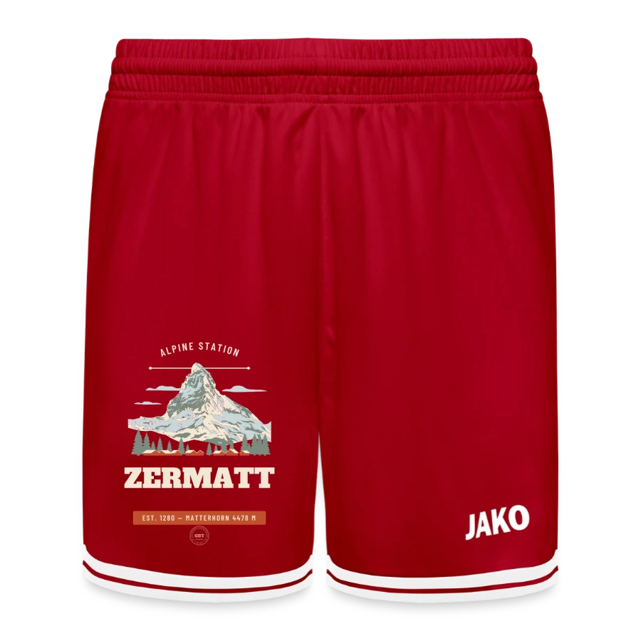 Zermatt badge on a jako kids basketball short center 2.0, red/white