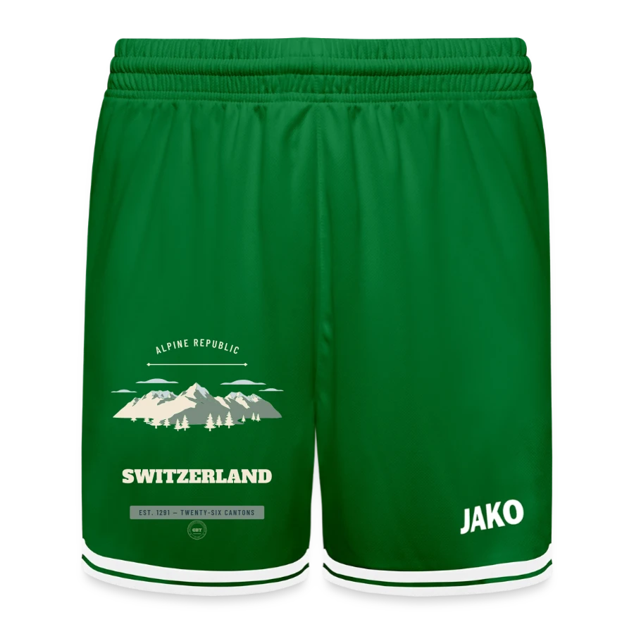 Switzerland badge on a jako kids basketball short center 2.0, green/white
