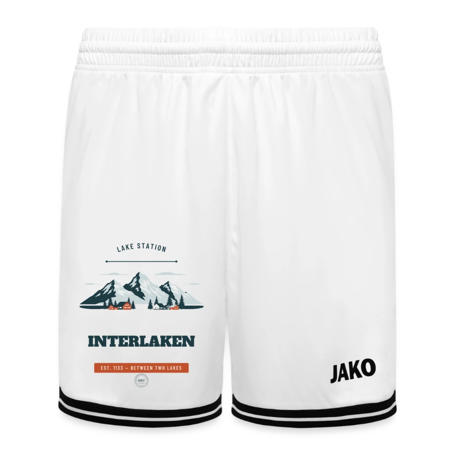 Interlaken badge on a jako kids basketball short center 2.0, white/black