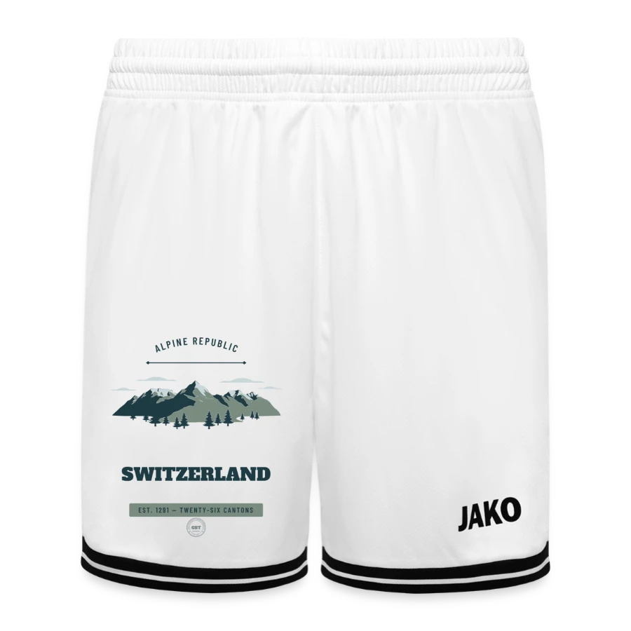 Switzerland badge on a jako kids basketball short center 2.0, white/black