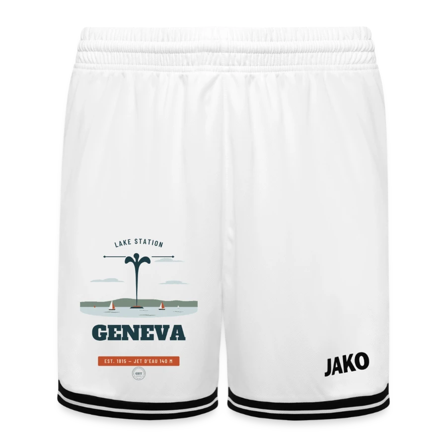 Geneva badge on a jako kids basketball short center 2.0, white/black