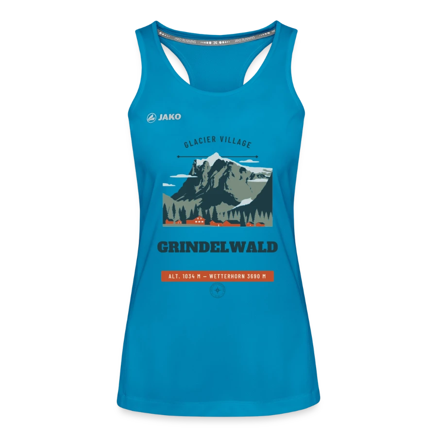 Grindelwald badge on a jako women's tank top run 2.0, sapphire blue, front