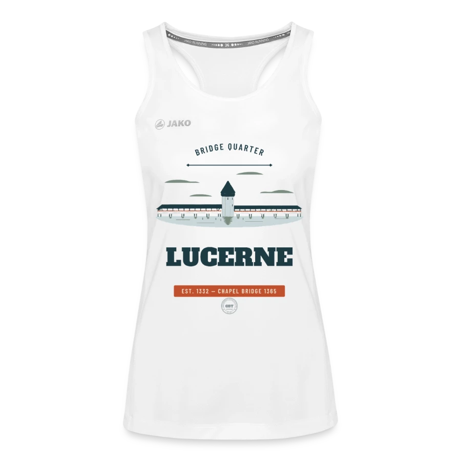 Lucerne badge on a jako women's tank top run 2.0, white
