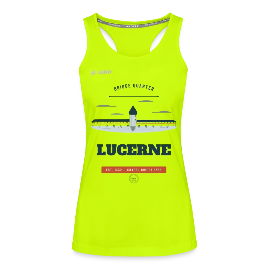 Lucerne badge on a jako women's tank top run 2.0, neon yellow