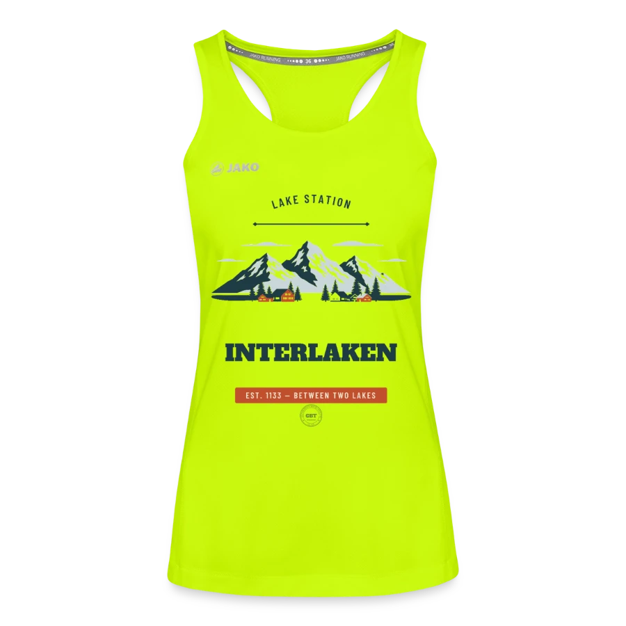 Interlaken badge on a jako women's tank top run 2.0, neon yellow