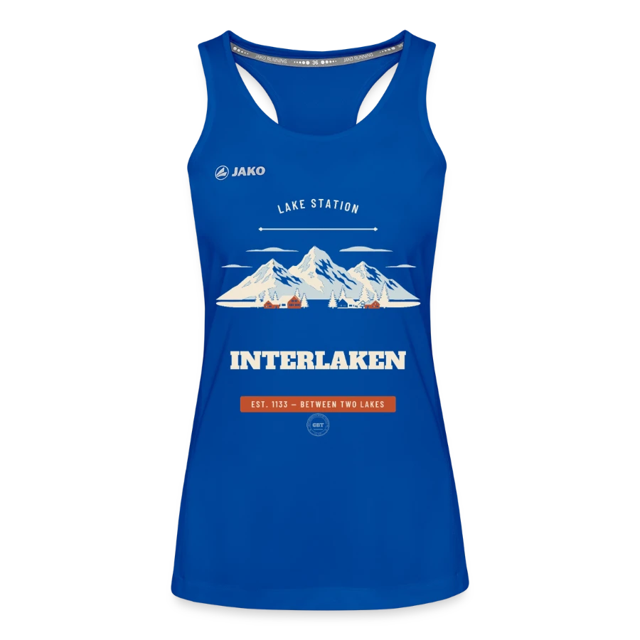 Interlaken badge on a jako women's tank top run 2.0, royal blue