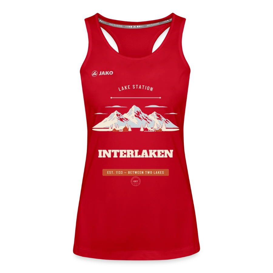 Interlaken badge on a jako women's tank top run 2.0, red
