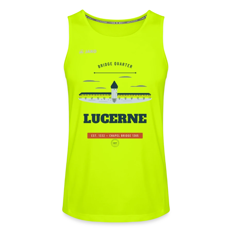 Lucerne badge on a jako men's tank top run 2.0, neon yellow