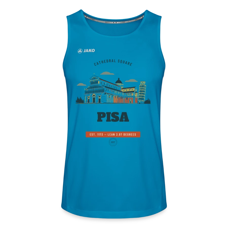 Pisa badge on a jako men's tank top run 2.0, sapphire blue, front