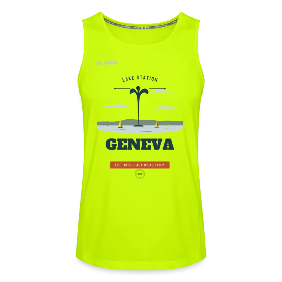 Geneva badge on a jako men's tank top run 2.0, neon yellow