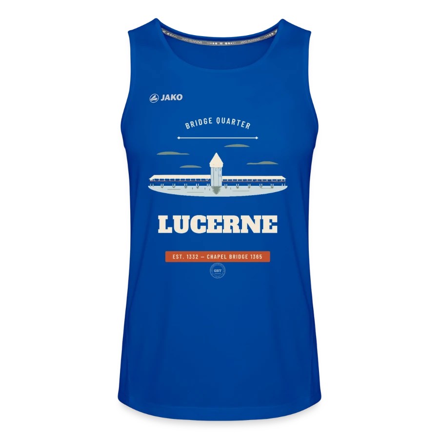 Lucerne badge on a jako men's tank top run 2.0, royal blue