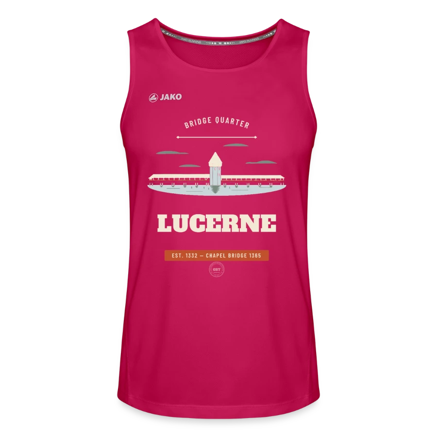Lucerne badge on a jako men's tank top run 2.0, dark pink