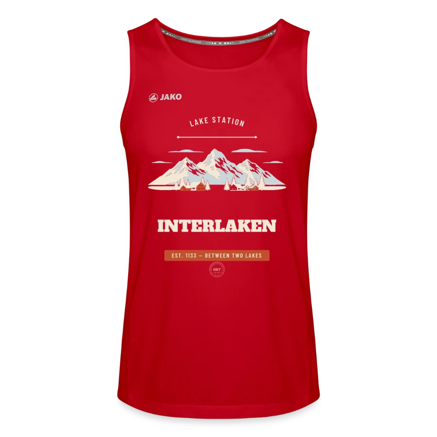 Interlaken badge on a jako men's tank top run 2.0, red