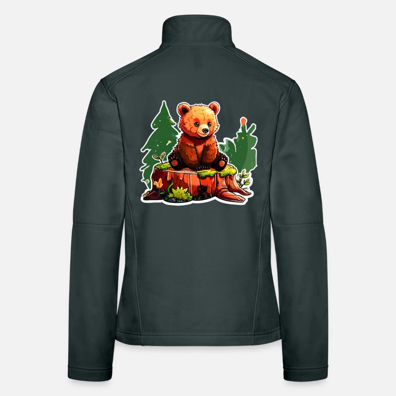 A little bear perched on a tree stump Women's Softshell Jacket