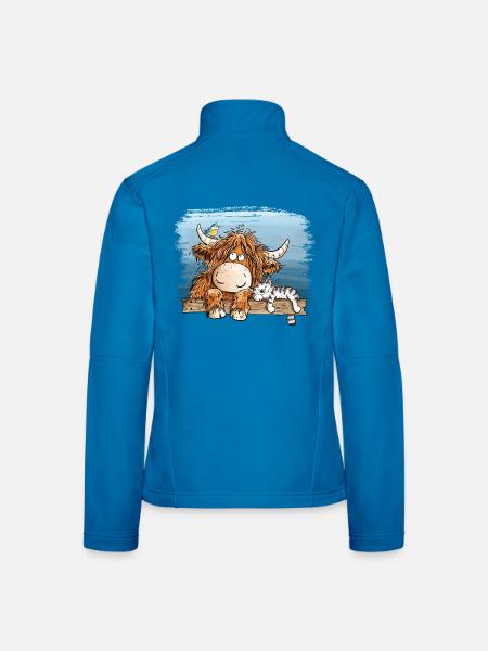 Highland Kuh Mit Katze Bauernhof Tierhumor Cartoon - Frauen Softshelljacke - Lichtblau - Hinten