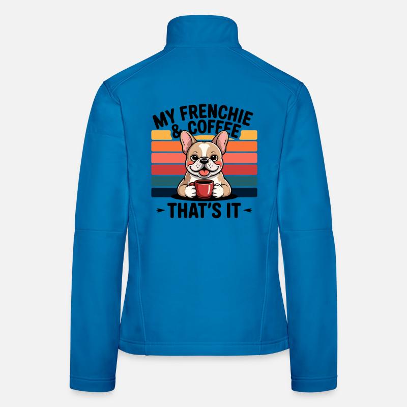 Kaffeetrinkender Frenchie mit Regenbogen Frauen Softshelljacke