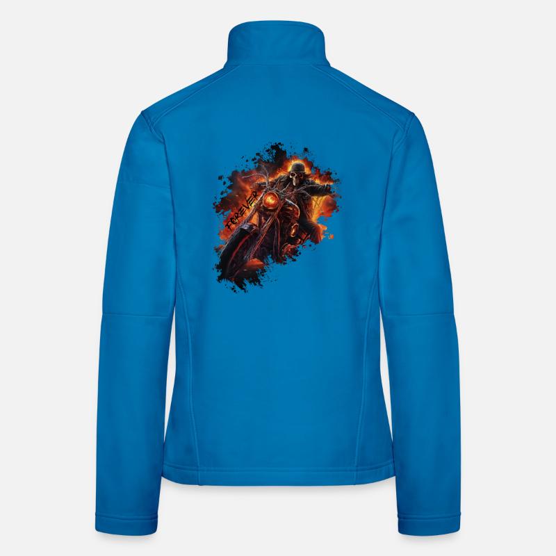 Flaming skull on motorcycle biker Women's Softshell Jacket