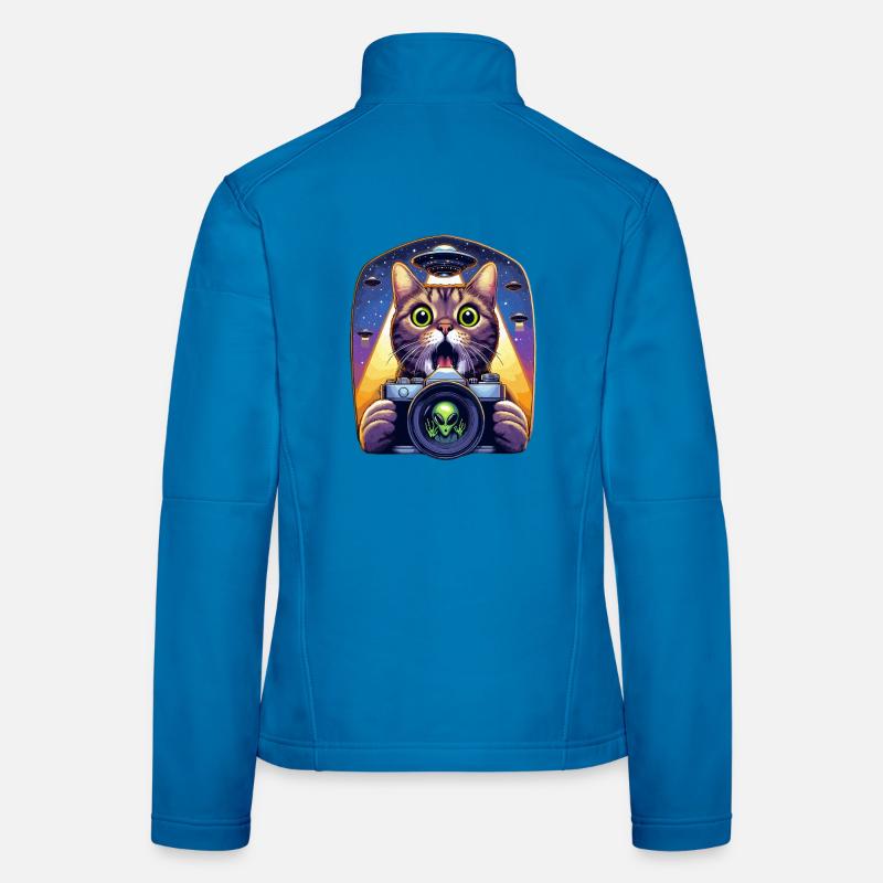 Funny Scared Cat With UFO Alien Attack 3D Effect Women's Softshell Jacket
