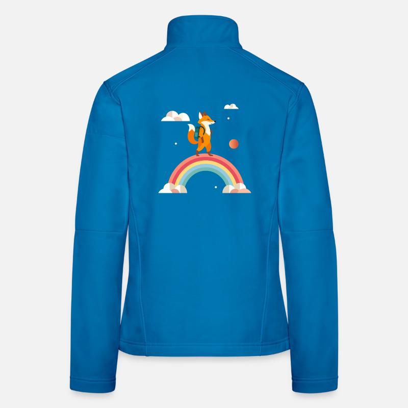 Fröhlicher Fuchs mit Rucksack auf Regenbogen Frauen Softshelljacke