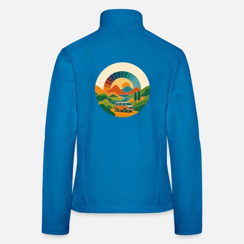Retro Landschaft mit Van – Reise im Sonnenbogen - Frauen Softshelljacke - Lichtblau