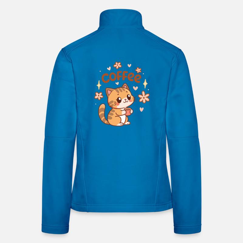 Cute Coffee Cat and Flowers Women's Softshell Jacket