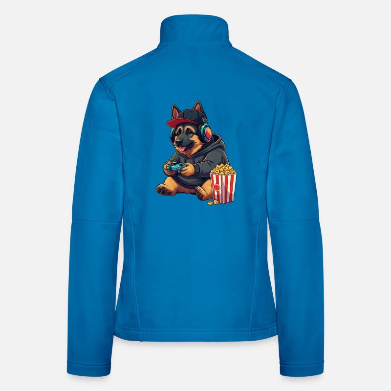 German Shepherd Gamer Dog With Popcorn - Women's Softshell Jacket - light blue