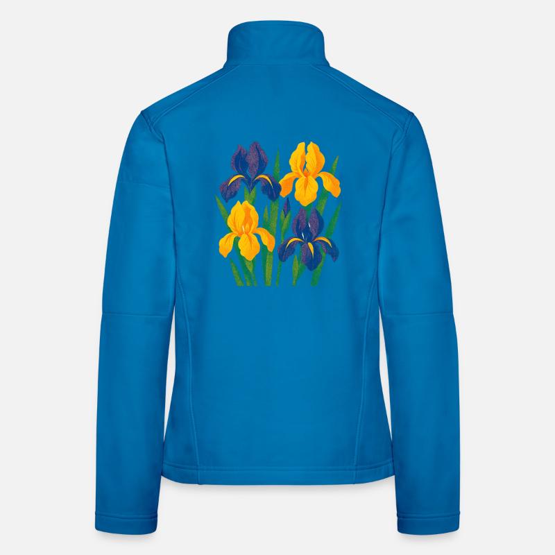 Harmonie d’iris : Fleurs dorées et indigo Veste en tissu softshell Femme