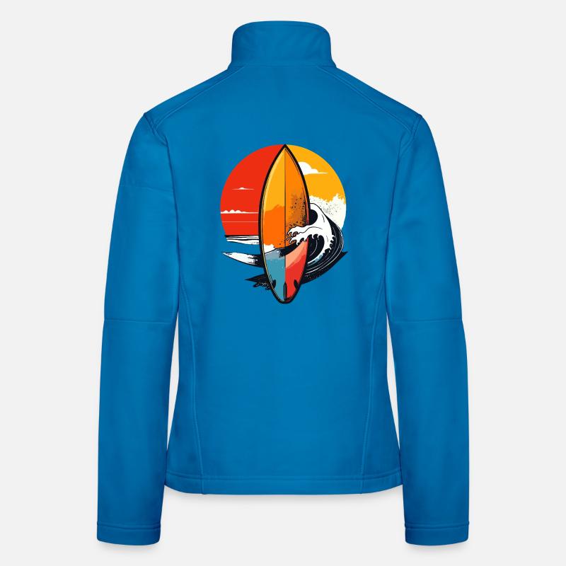 Motif surfeur de vagues rouges de coucher de soleil sur planche de surf Veste en tissu softshell Femme