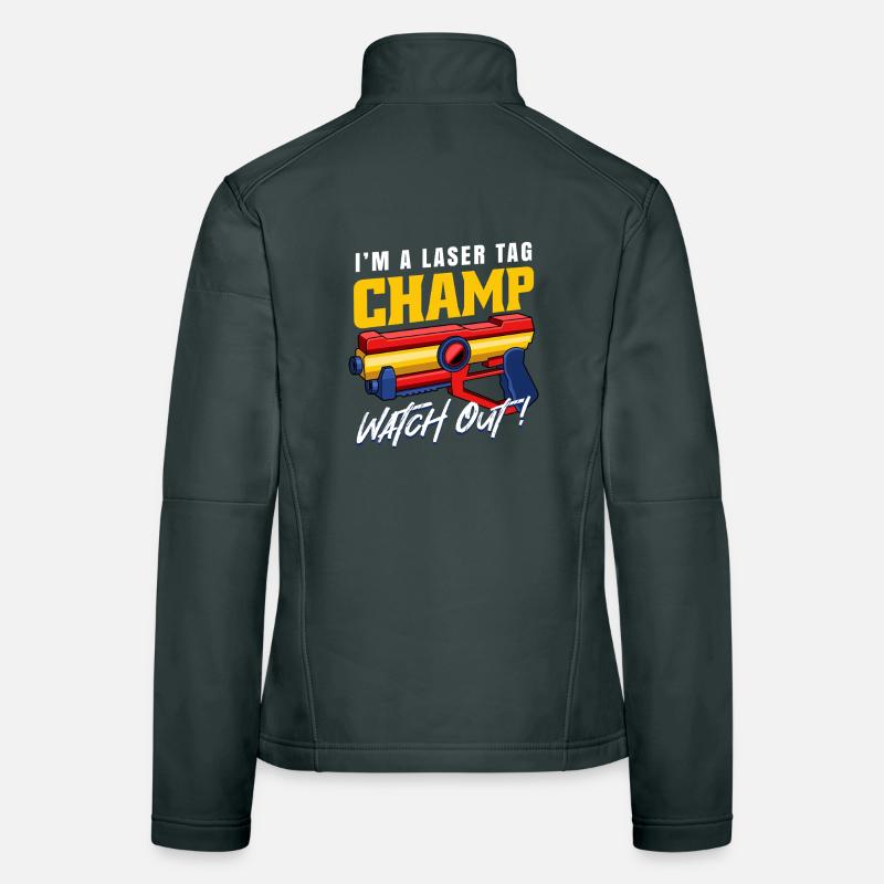 Champion de laser tag Attention Graphique Blaster drôle Veste en tissu softshell Femme