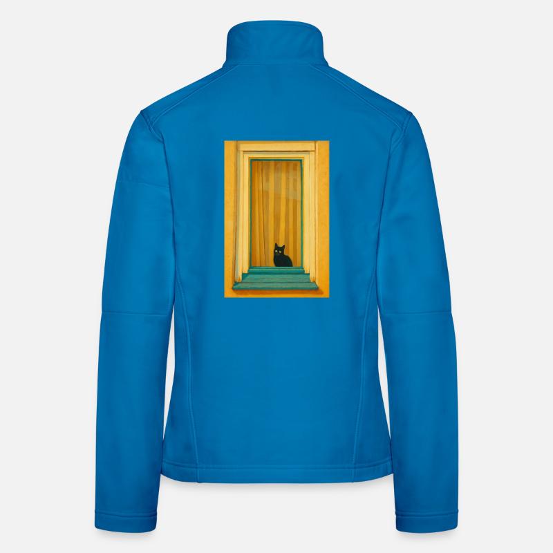 Cat in Turquoise Window Frame Women's Softshell Jacket