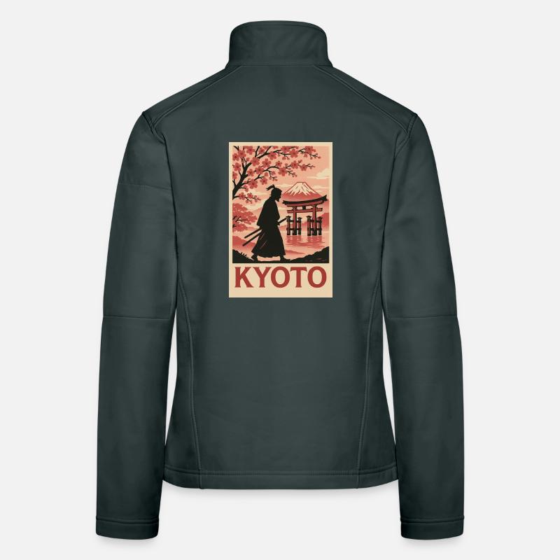 Silhouette de samouraï de Kyoto et de cerisiers en fleurs Veste en tissu softshell Femme