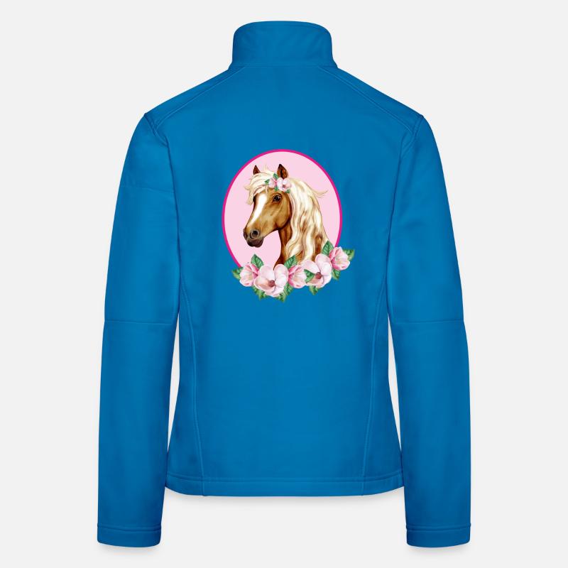 Romantisches braunes Pferd - Blüten rosa - Frauen Softshelljacke - Lichtblau