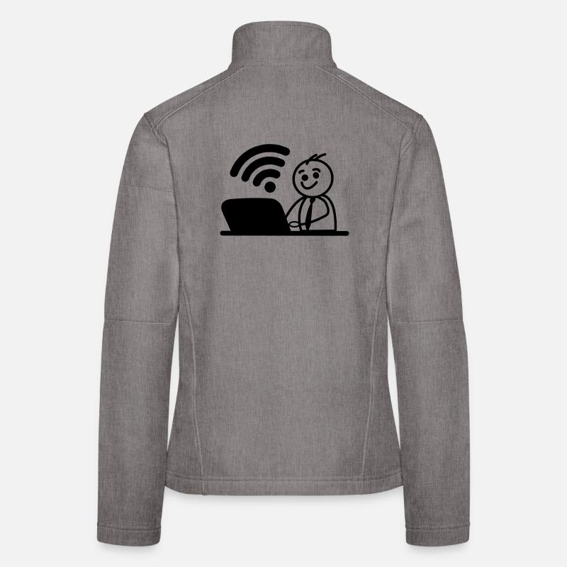 Glücklicher junger Mann auf Laptop-WLAN sendet eine Nachricht Frauen Softshelljacke