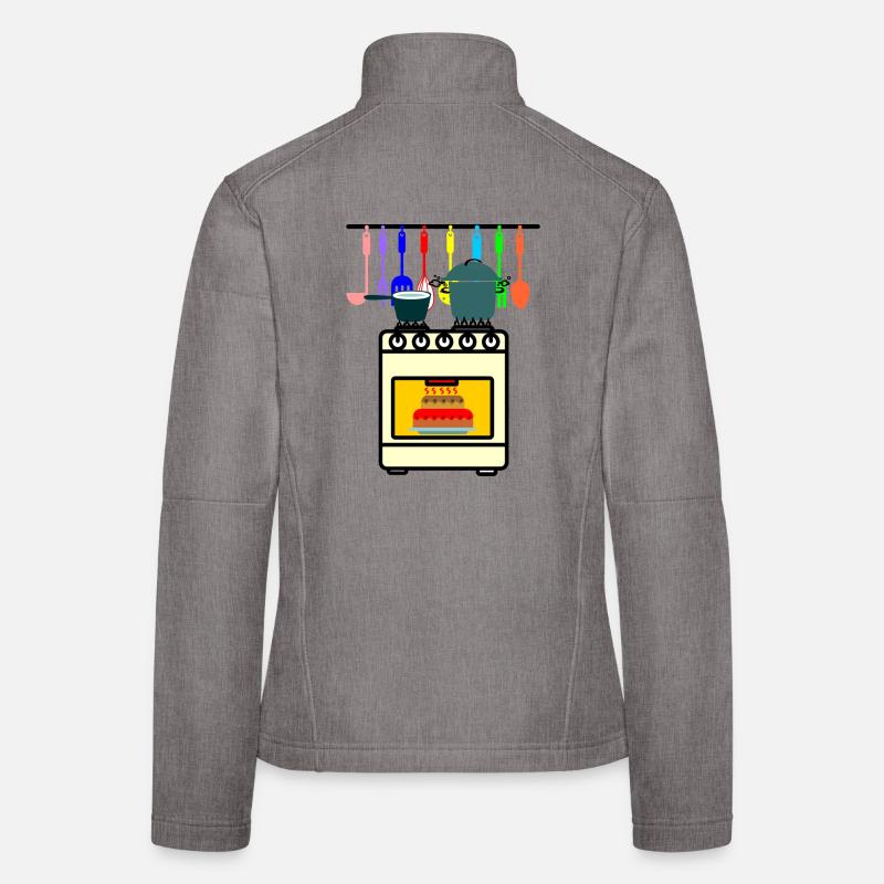 Kitchen utensils with oven pans on fire and cake Women's Softshell Jacket