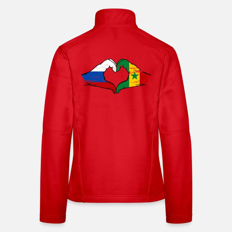 Russie Sénégal Drapeau Mains Coeur Forme Utilisé Veste en tissu softshell Femme