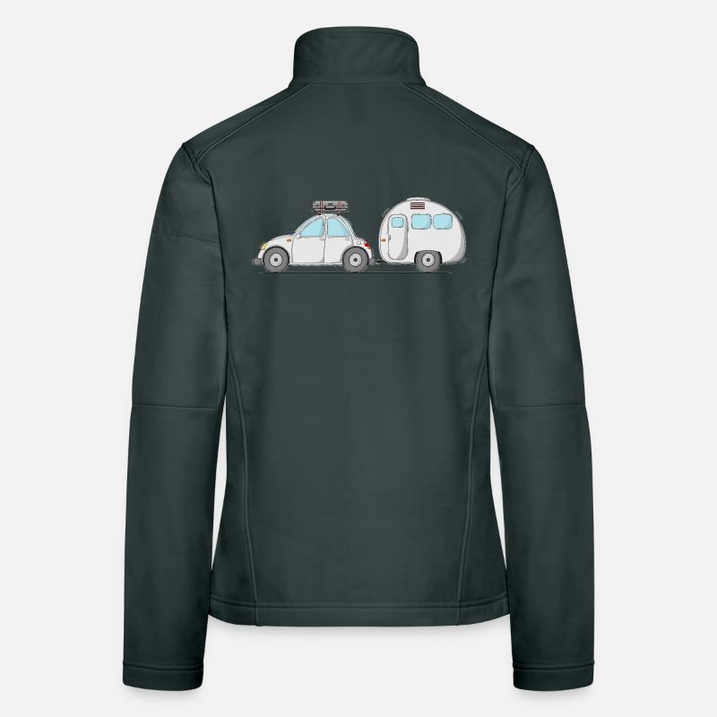 Auto mit Wohnwagen und Koffer in Grau Frauen Softshelljacke