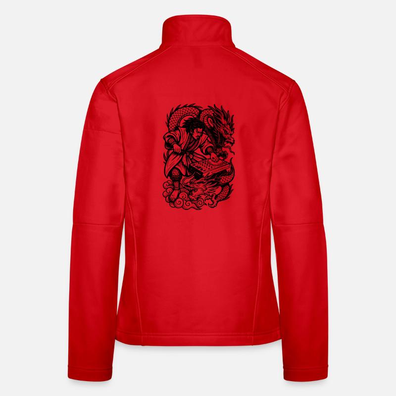 DJ Shirt: Samurai am Techno Mischpult mit Drachen Frauen Softshelljacke