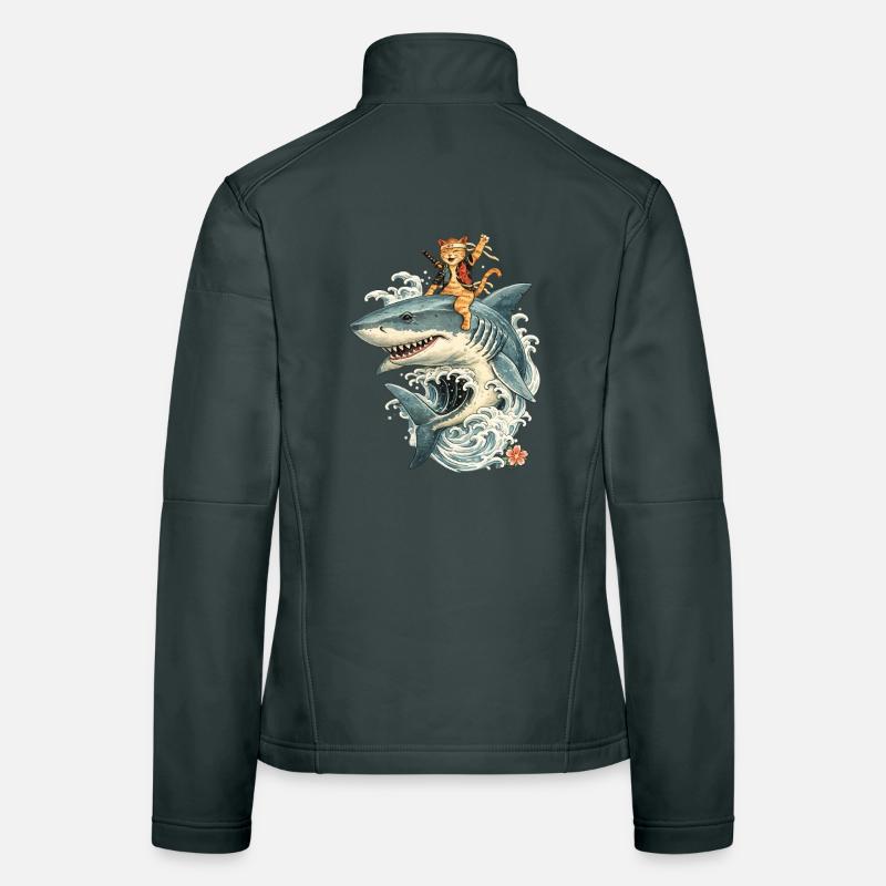 Samurai cat rides shark – wave ride in style Women's Softshell Jacket