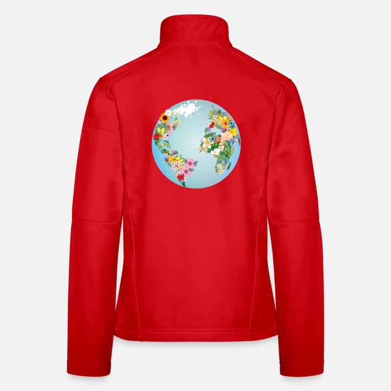 globe bleu clair avec des continents en fleurs Veste en tissu softshell Femme