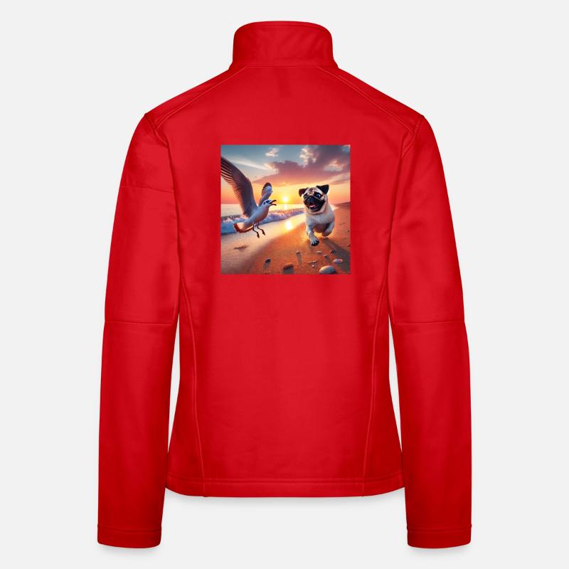 Lebendige Strandabenteuer mit Hund und Möwe - Frauen Softshelljacke - Rot