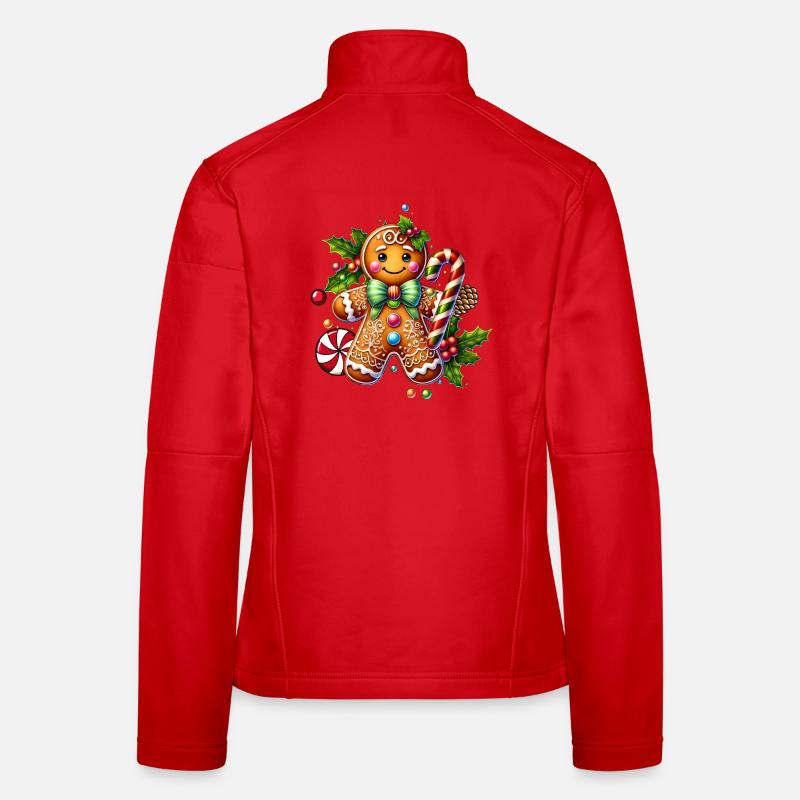Cheerful gingerbread man with candy cane Women's Softshell Jacket