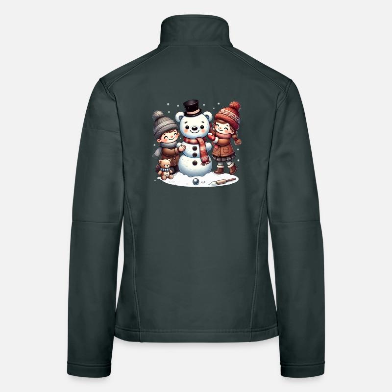 Winterspaß: Kinder bauen einen Teddy-Schneemann Frauen Softshelljacke