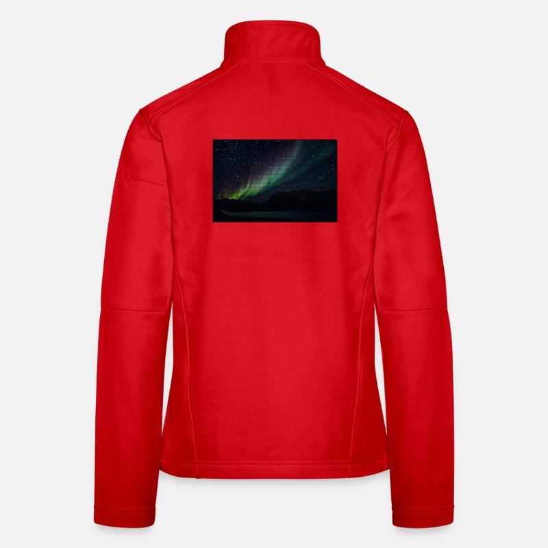 Northern Lights over Silent Mountain Lake with Triangle Pattern - Women's Softshell Jacket - red
