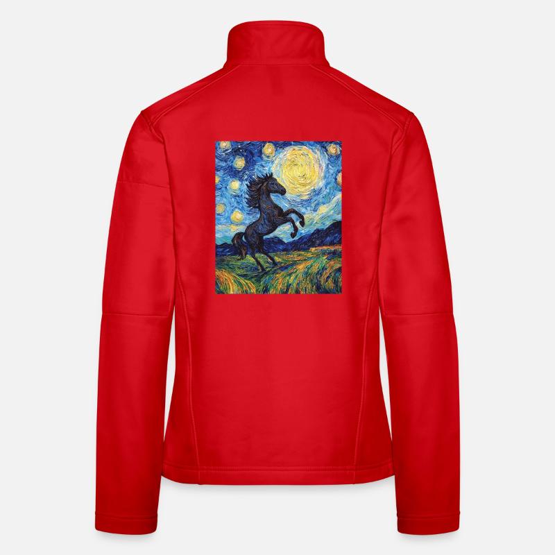 Cheval Chevaux Cavalier Style Van Gogh Nuit étoilée Veste en tissu softshell Femme