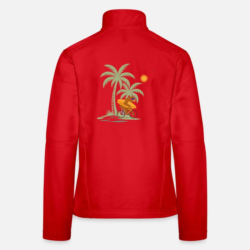 Bear with surfboard on bicycle under palm trees Women's Softshell Jacket